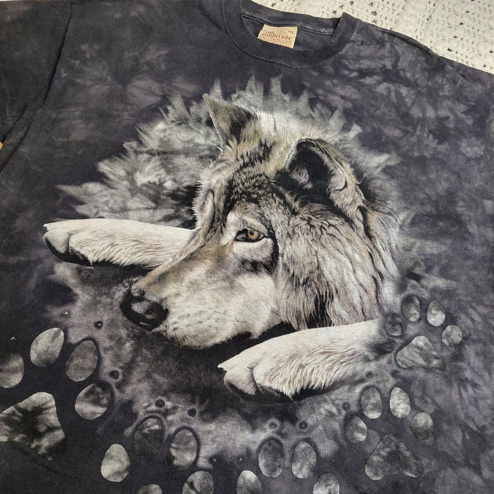Vtg Y2K The Mountain Tie Dye T Shirt Leather Tag Wolf Mens XL Black USA Paw Rare